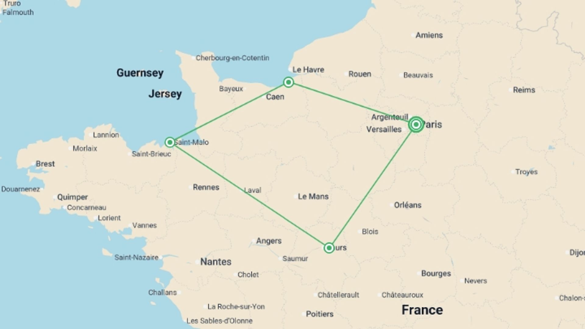 A map showing the tour itinerary for the trip: Normandy, Brittany & The Loire Valley, starting in Paris, France and ending in Paris, France going through 3 other destinations.