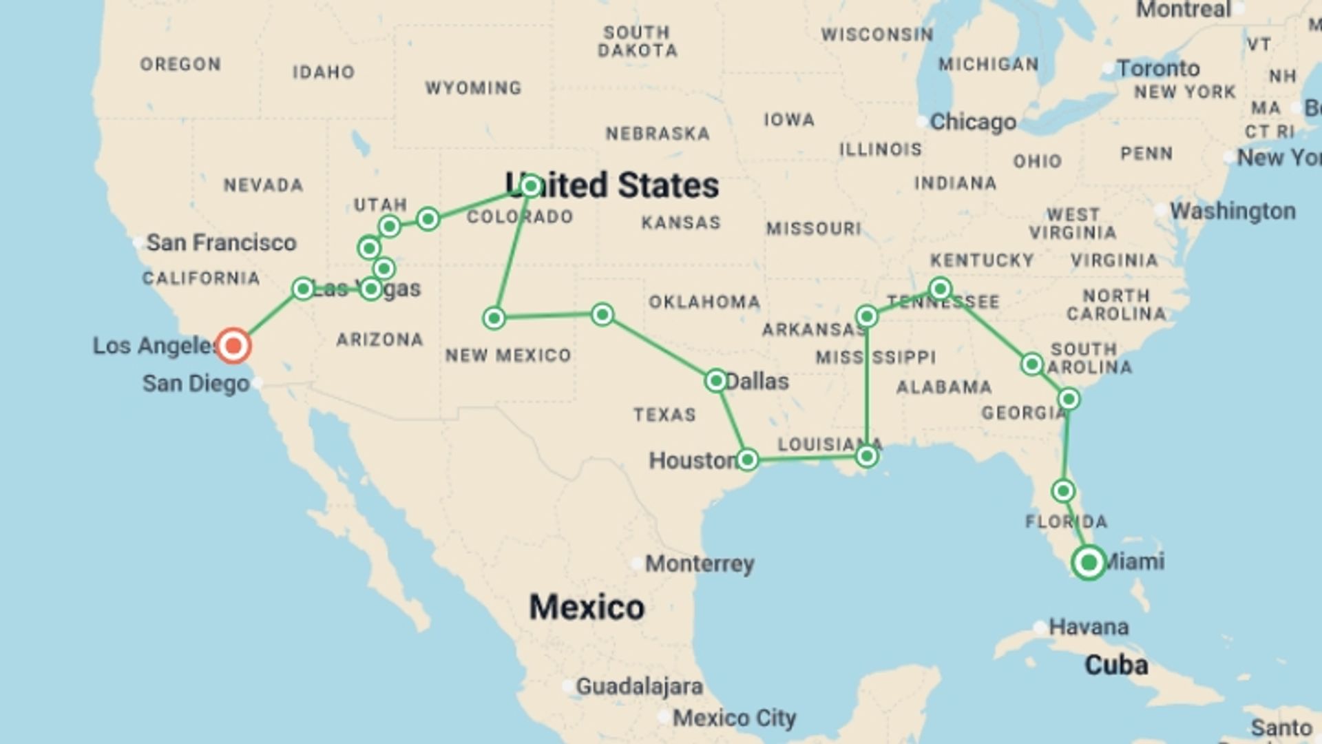 A map showing the tour itinerary for the trip: USA Road Trip, starting in Miami, USA and ending in Los Angeles, USA going through 15 other destinations.