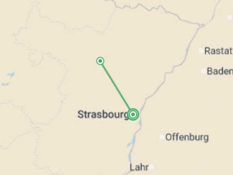 Map itinerary of Europe Tour in November 2026 with 2 destination visits for the trip: Christmas in Alsace and show at the Royal Palace (port-to-port)