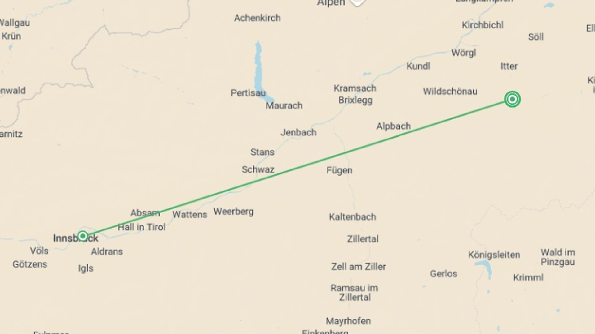 A map showing the tour itinerary for the trip: Active Austrian Alps, starting in Hopfgarten, Austria and ending in Hopfgarten, Austria going through 0 other destinations.