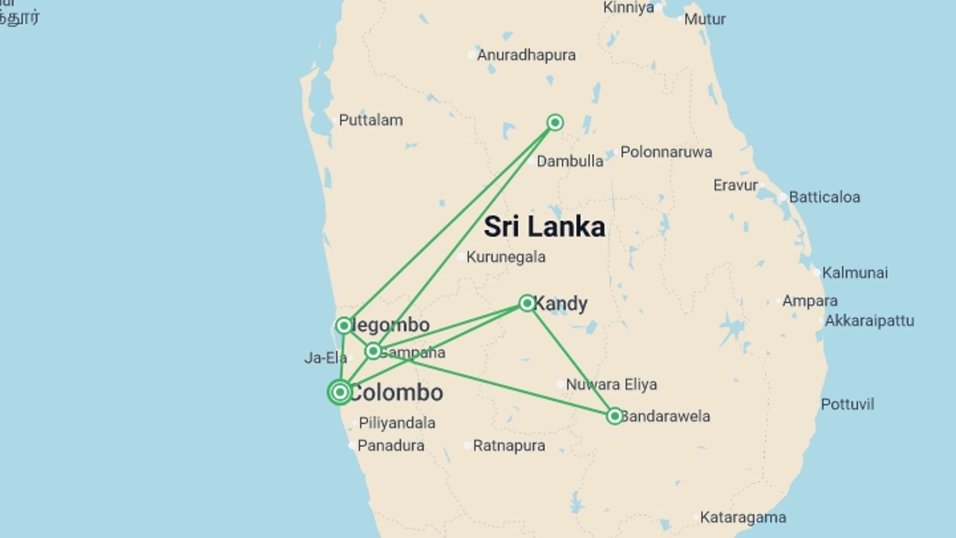 A map showing the tour itinerary for the trip: Sri Lanka Highlands Voluntour 14D/13N, starting in Colombo, Sri Lanka and ending in Colombo, Sri Lanka going through 5 other destinations.