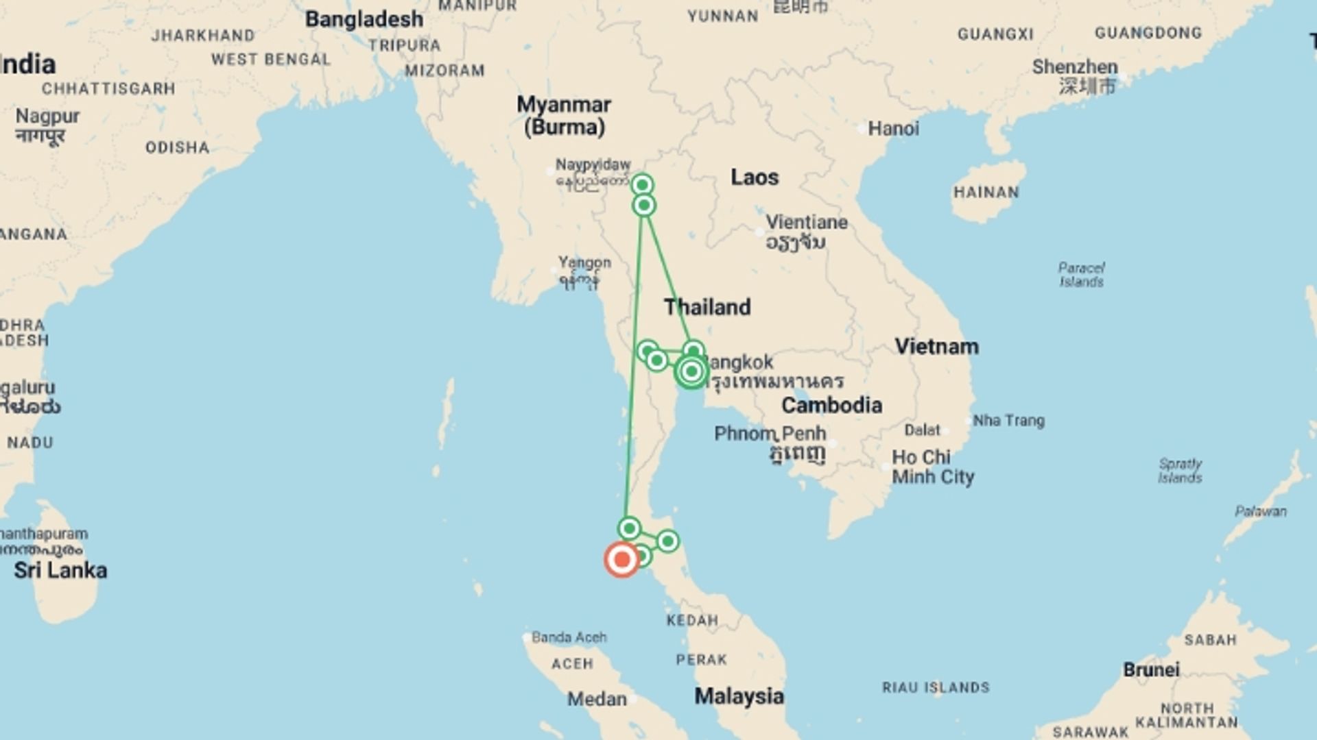 A map showing the tour itinerary for the trip: Best of Thailand Family Holiday, starting in Bangkok, Thailand and ending in Phuket, Thailand going through 8 other destinations.