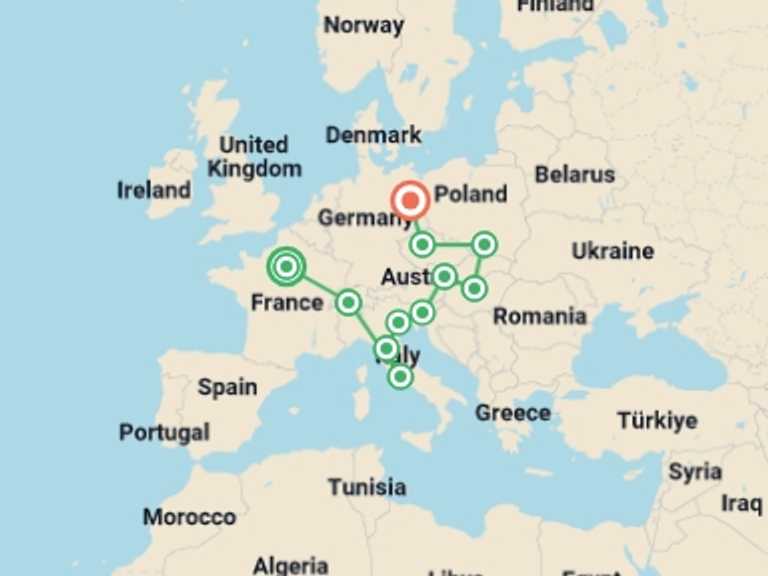 Map of Europe Tour with 11 destination visits for the trip: Paris to Berlin: Art & the Alps