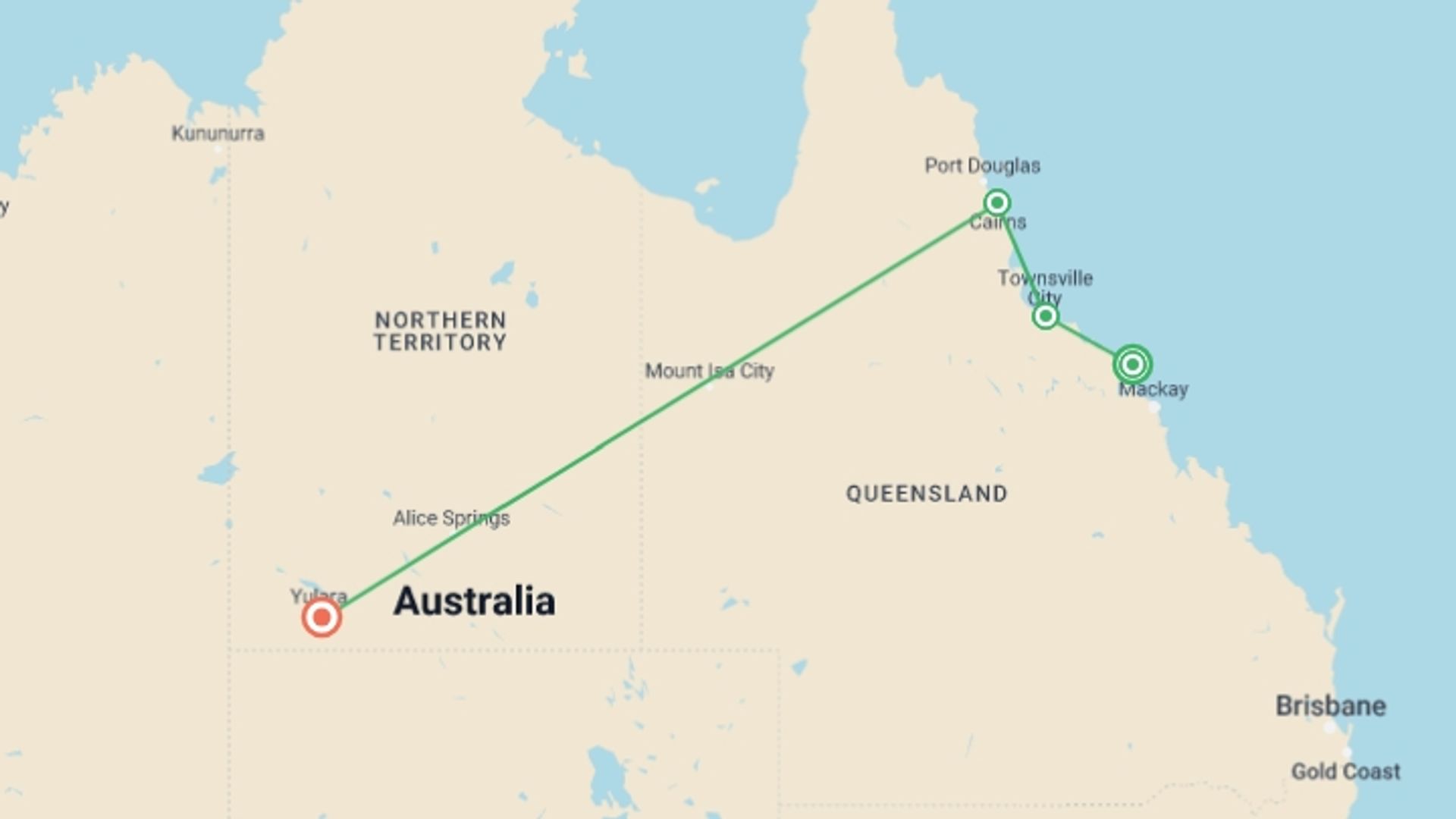 A map showing the tour itinerary for the trip: Australia: North Queensland to Uluru, starting in Airlie Beach, Australia and ending in Uluru Kata-Tjuta National Park, Australia going through 3 other destinations.