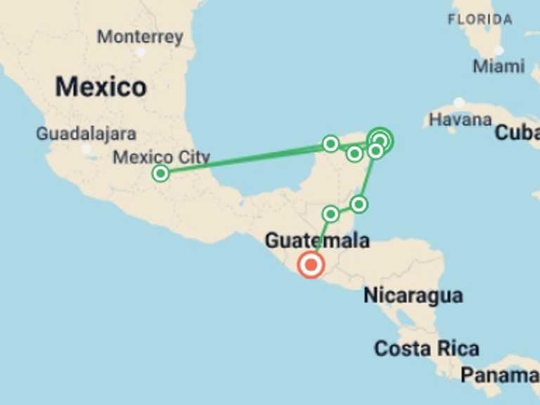 Map of North America Tour with 7 destination visits for the trip: Mexico, Belize and Guatemala Experience