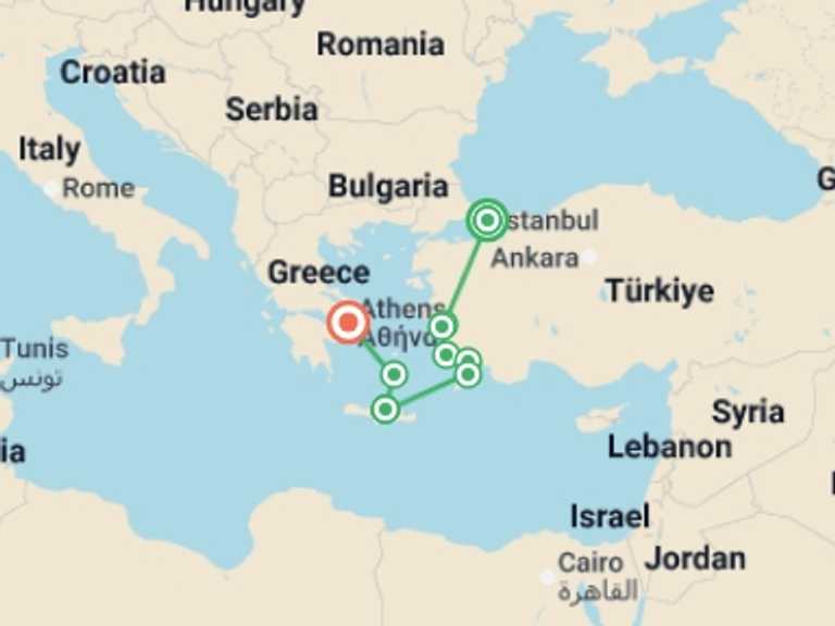 Map of Europe Cultural, religious and historic sites Tour with 6 destination visits for the trip: Greco-Turkish Passion with Crete End Athens