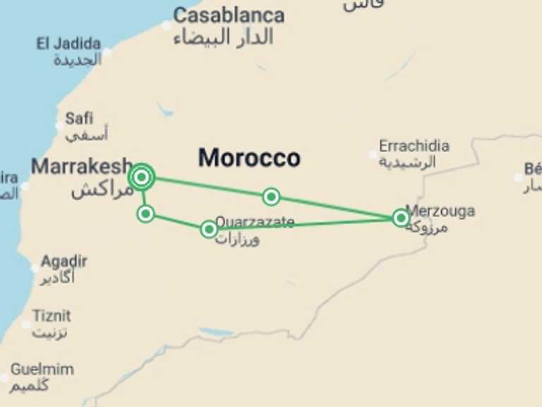 Map itinerary of Africa Tour in February 2026 with 5 destination visits for the trip: Morocco Uncovered