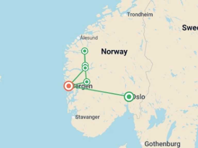 Map of Scandinavia Tour with 6 destination visits for the trip: Norway: Fjords and Glaciers
