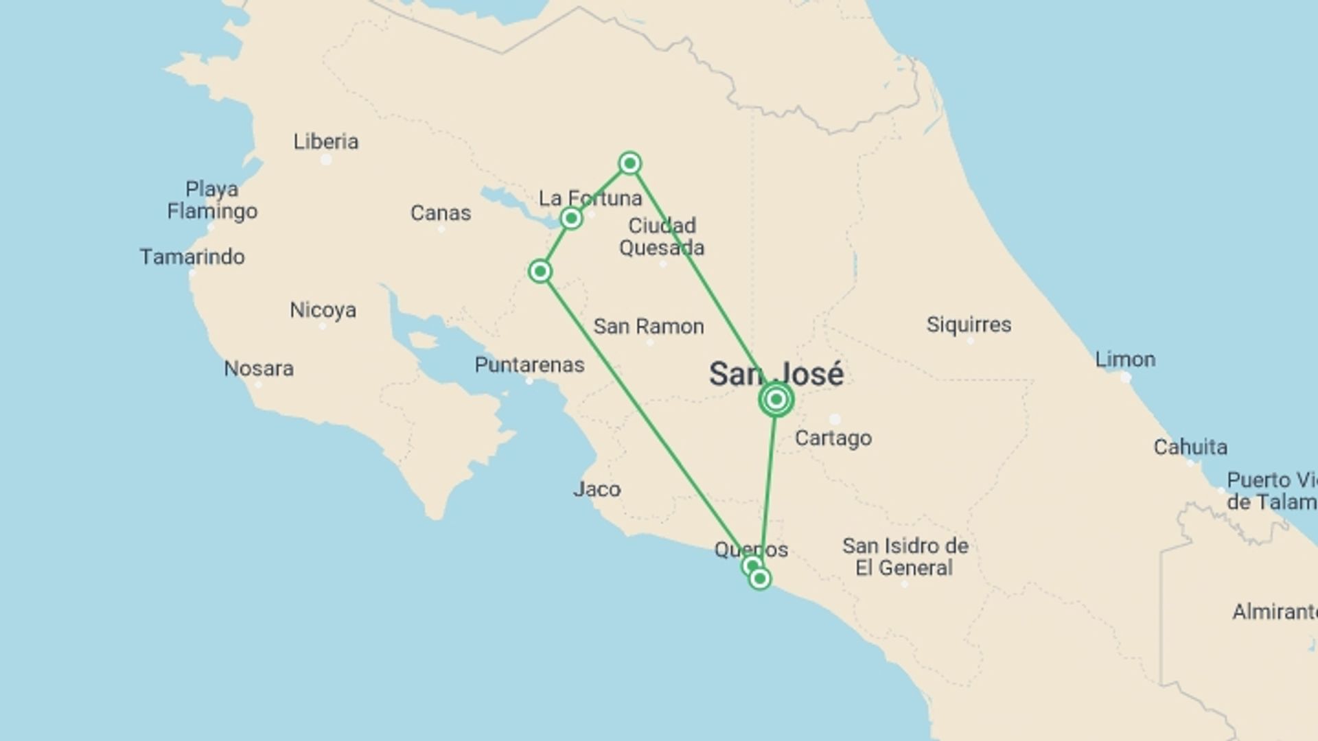 A map showing the tour itinerary for the trip: Costa Rica Experience, starting in San Jose, Costa Rica and ending in San Jose, Costa Rica going through 7 other destinations.