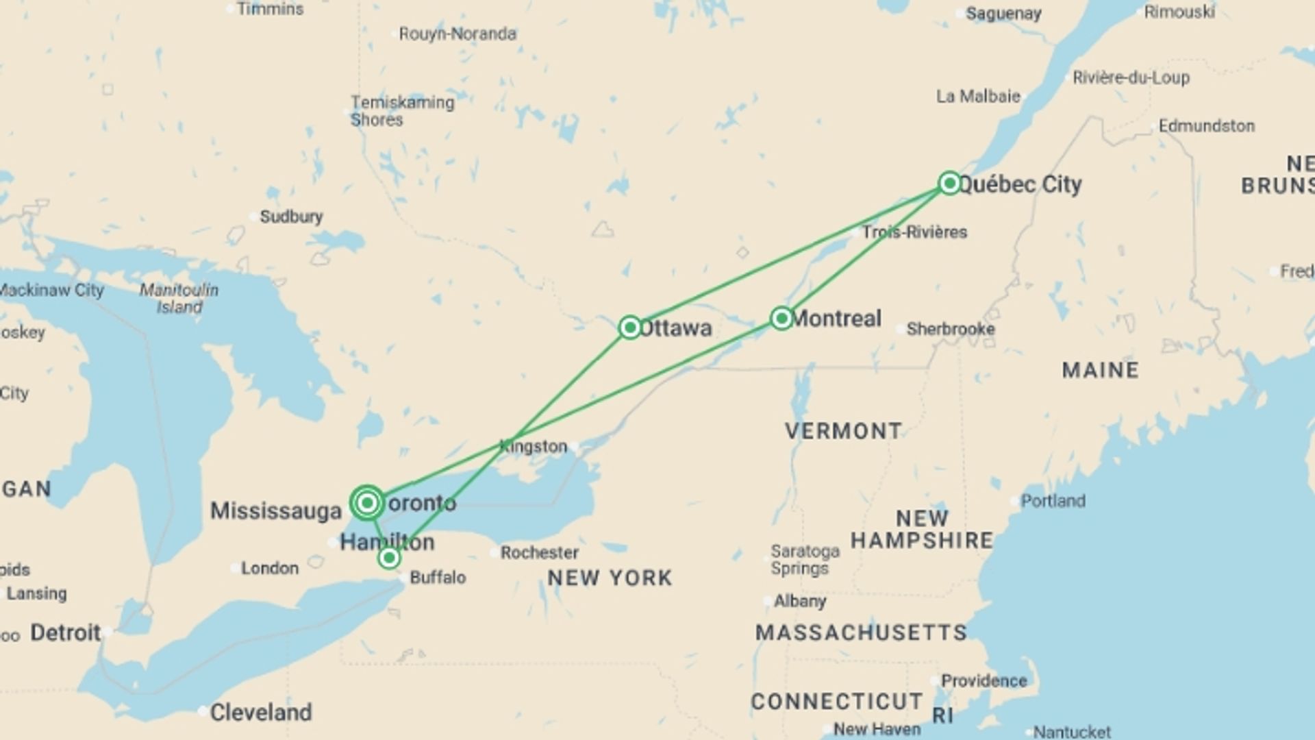 A map showing the tour itinerary for the trip: Canadian Eastern Trails from Toronto, starting in Toronto, Canada and ending in Toronto, Canada going through 4 other destinations.