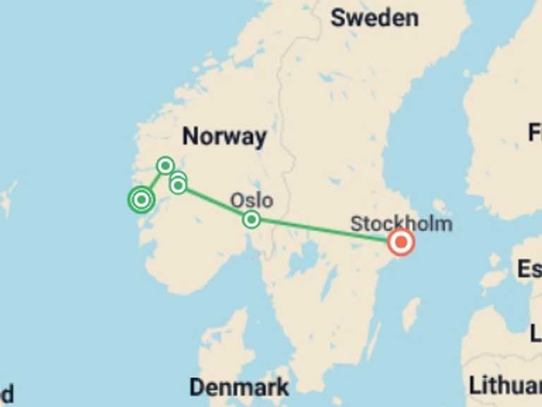 Map of a Train Tour with 4 destination visits for the trip: Magic of Norwegian Fjords and Stockholm