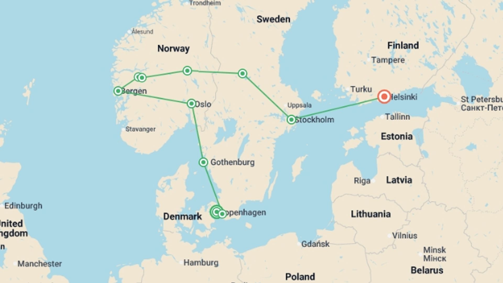 A map showing the tour itinerary for the trip: Complete Scandinavia, starting in Copenhagen, Denmark and ending in Helsinki, Finland going through 8 other destinations.