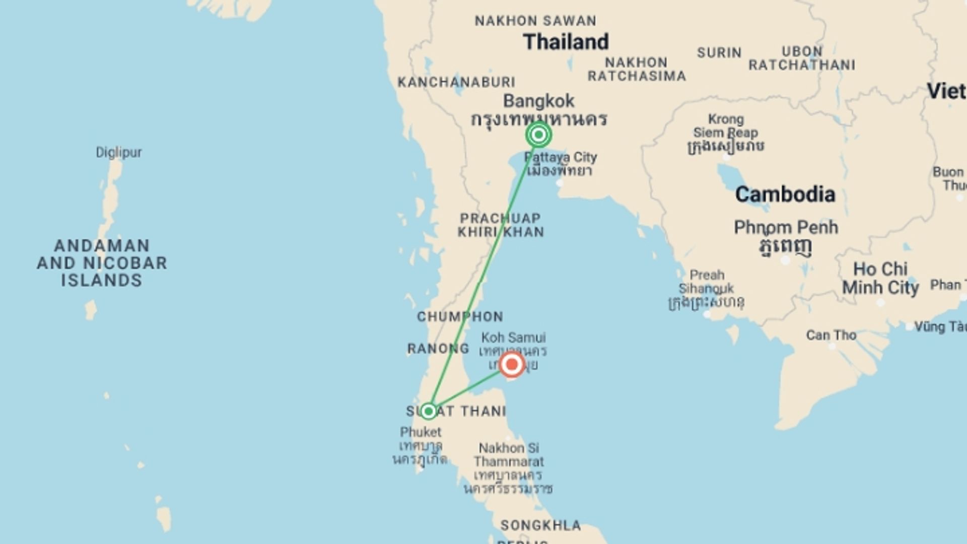 A map showing the tour itinerary for the trip: Thai Intro 9 day, starting in Bangkok, Thailand and ending in Koh Phangan, Thailand going through 1 other destinations.