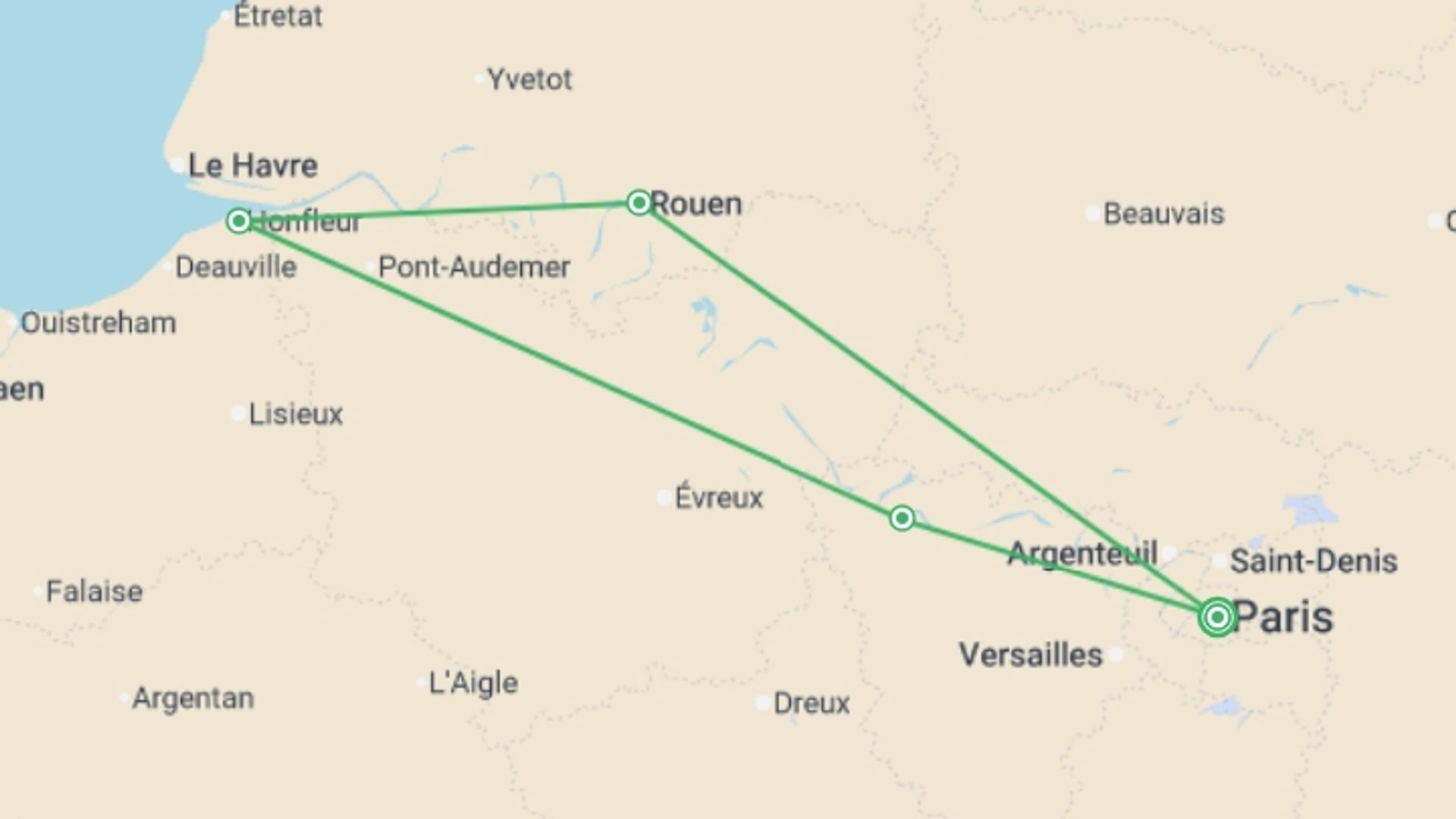 A map showing the tour itinerary for the trip: The Must-see Sights of the Seine Valley (port-to-port cruise), starting in Paris, France and ending in Paris, France going through 4 other destinations.