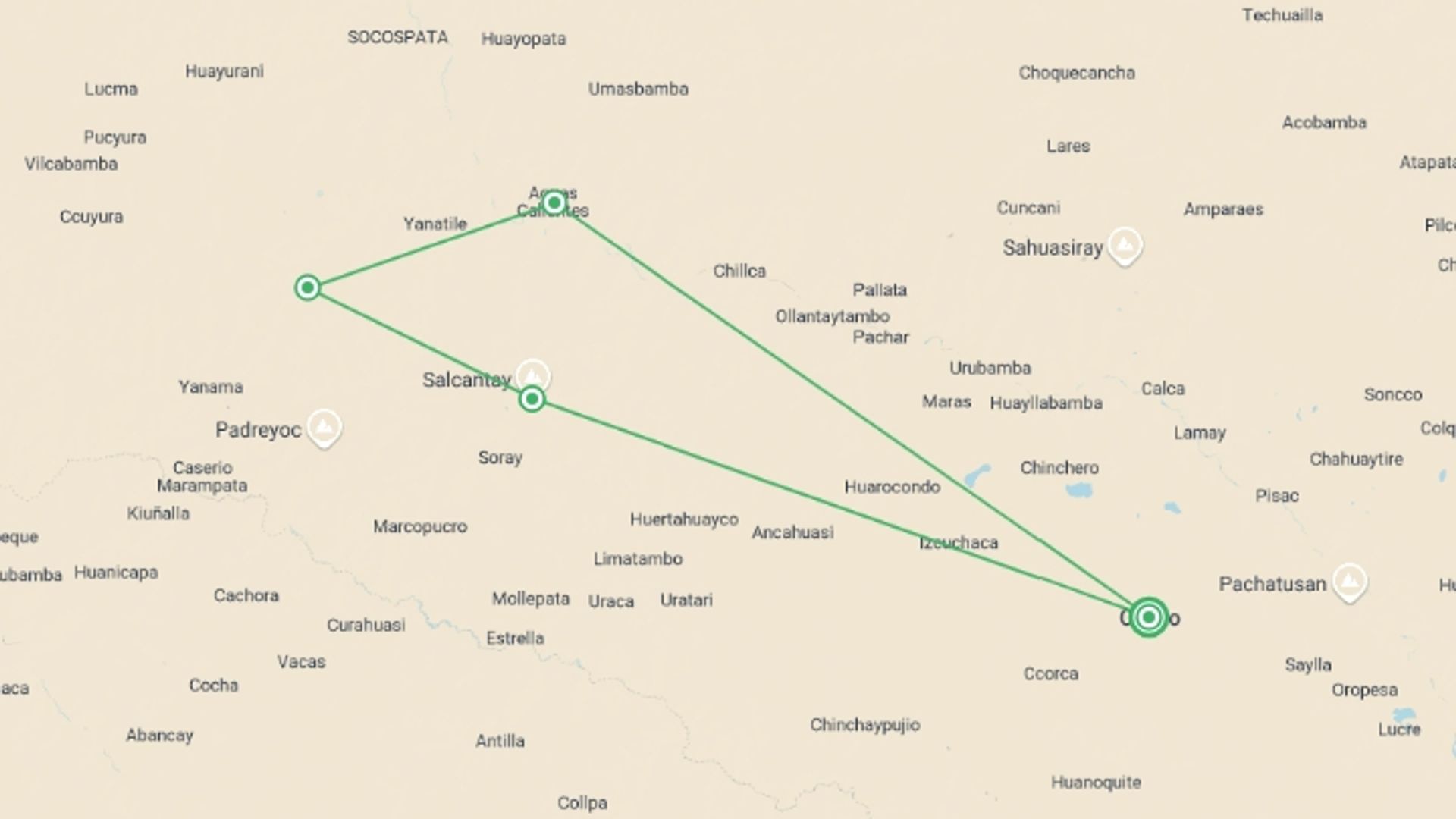 A map showing the tour itinerary for the trip: Salkantay Trek To Machu Picchu, starting in Cusco, Peru and ending in Cusco, Peru going through 3 other destinations.