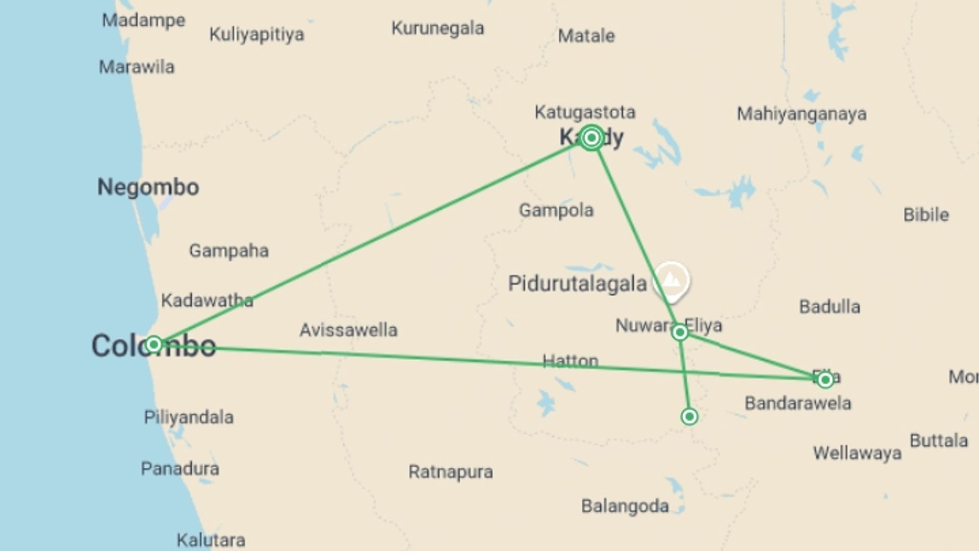 A map showing the tour itinerary for the trip: Sri Lanka Hill Country & Heritage Escape, Private Tour, starting in Kandy, Sri Lanka and ending in Kandy, Sri Lanka going through 3 other destinations.