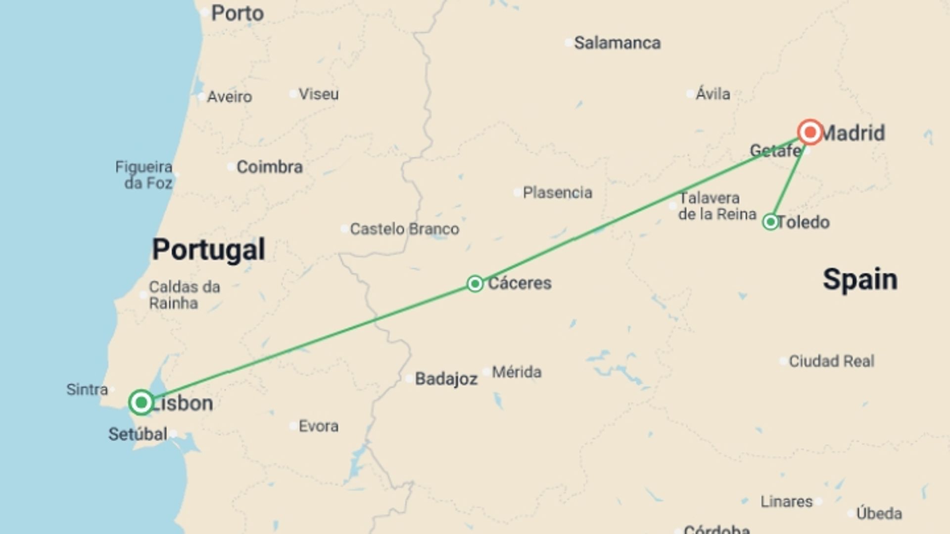 A map showing the tour itinerary for the trip: Lisbon to Madrid Express - 5 days, starting in Lisbon, Portugal and ending in Madrid, Spain going through 0 other destinations.