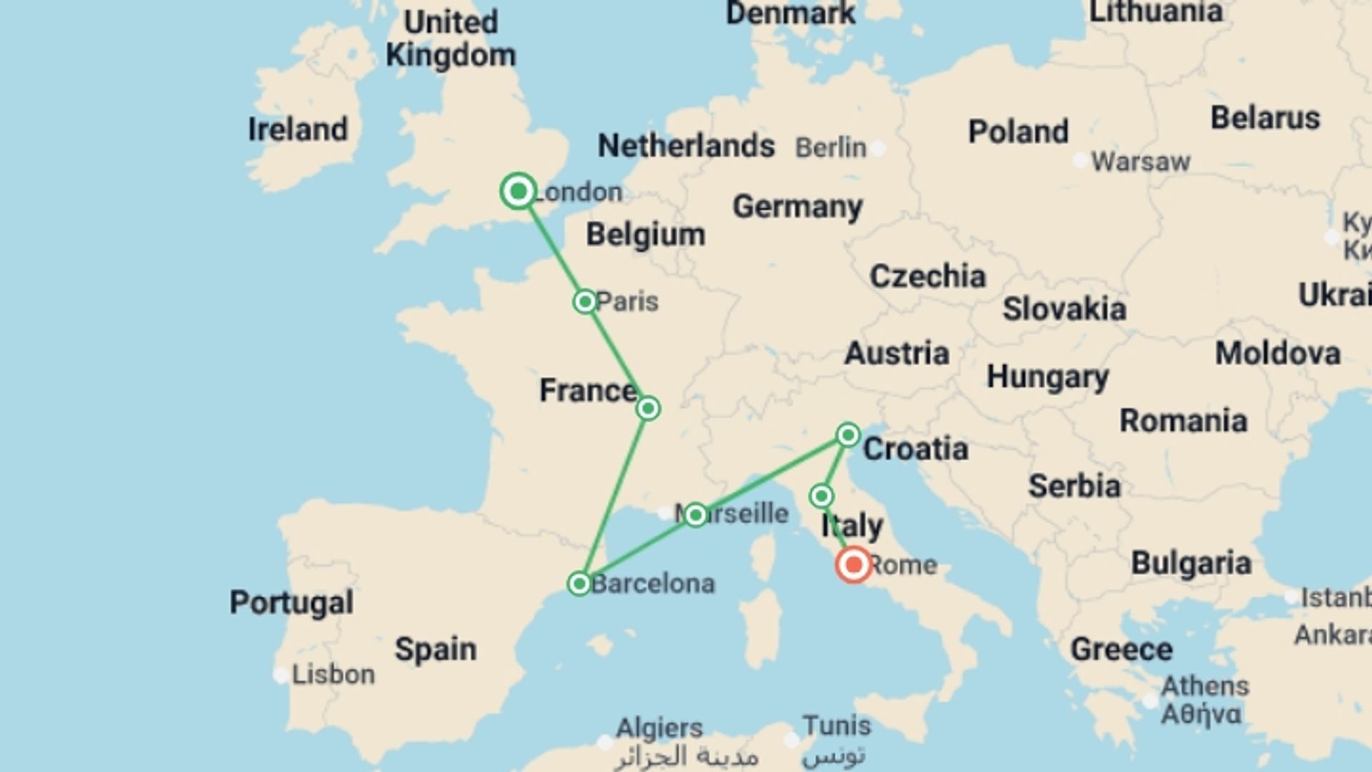 A map showing the tour itinerary for the trip: London to Rome, starting in London, England and ending in Rome, Italy going through 6 other destinations.
