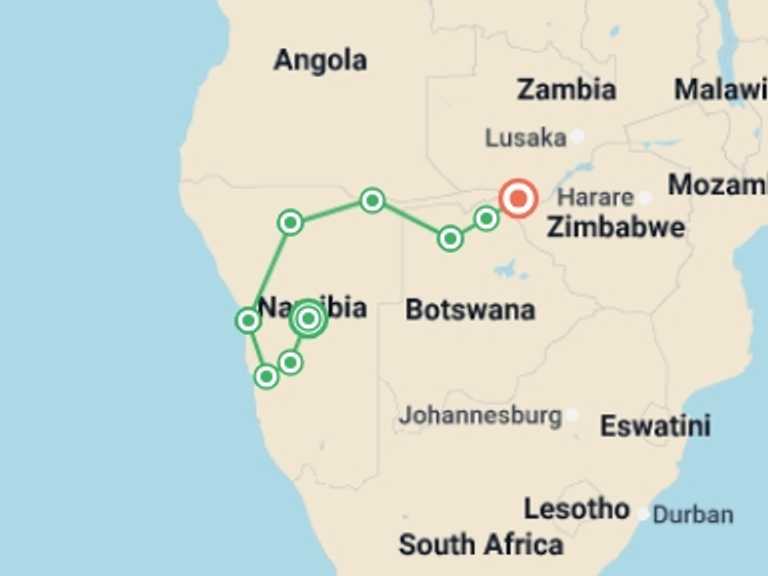 Map of 14-Day Windhoek Tour with 9 destination visits for the trip: Deserts & Delta Easter Family Overland (Windhoek t