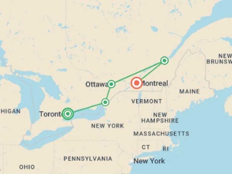 Map of Canada Tour with 5 destination visits for the trip: Eastern Canada by Rail