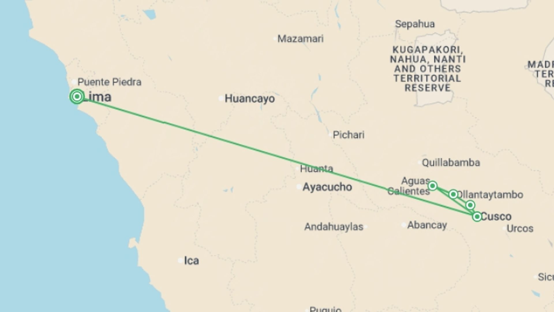 A map showing the tour itinerary for the trip: Flash Peru, Private Tour, starting in Lima, Peru and ending in Lima, Peru going through 2 other destinations.