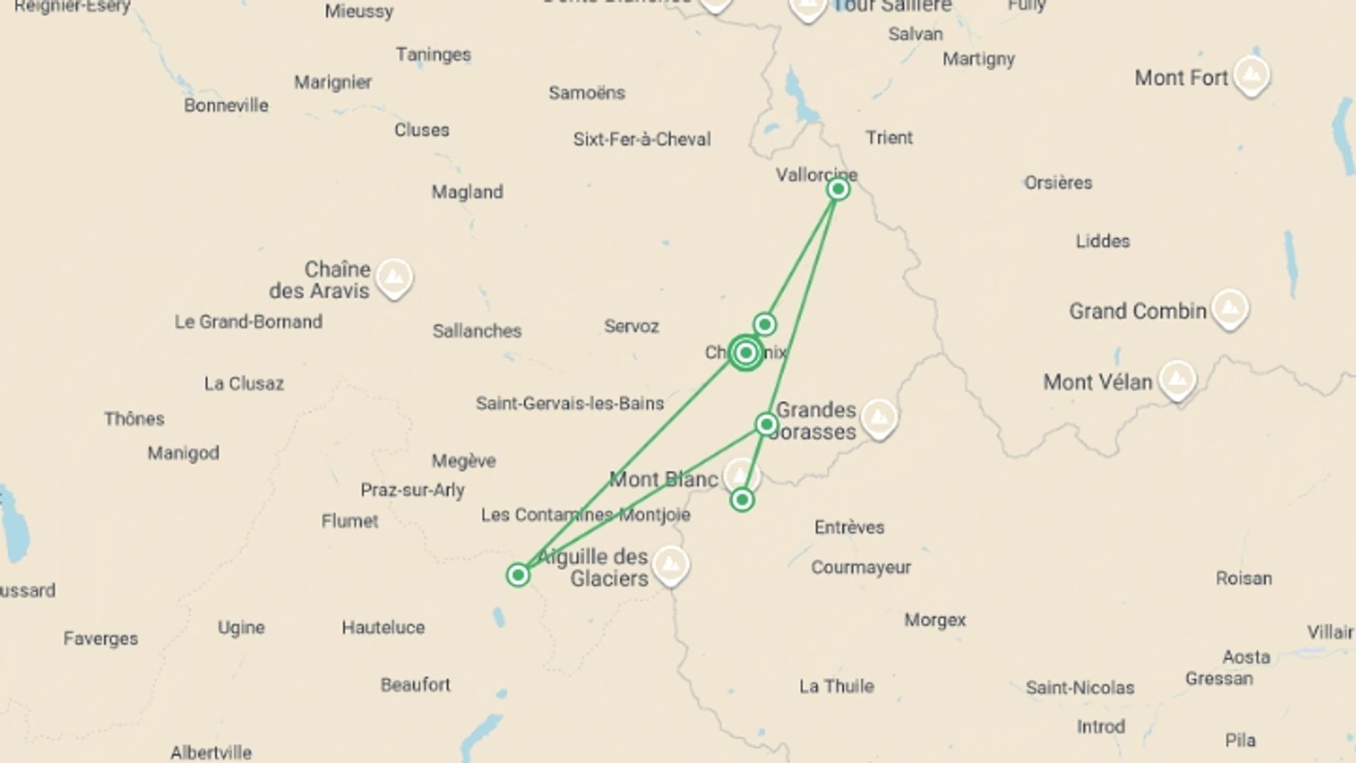 A map showing the tour itinerary for the trip: Mont Blanc Family Hiking Adventure, starting in Chamonix, France and ending in Chamonix, France going through 5 other destinations.