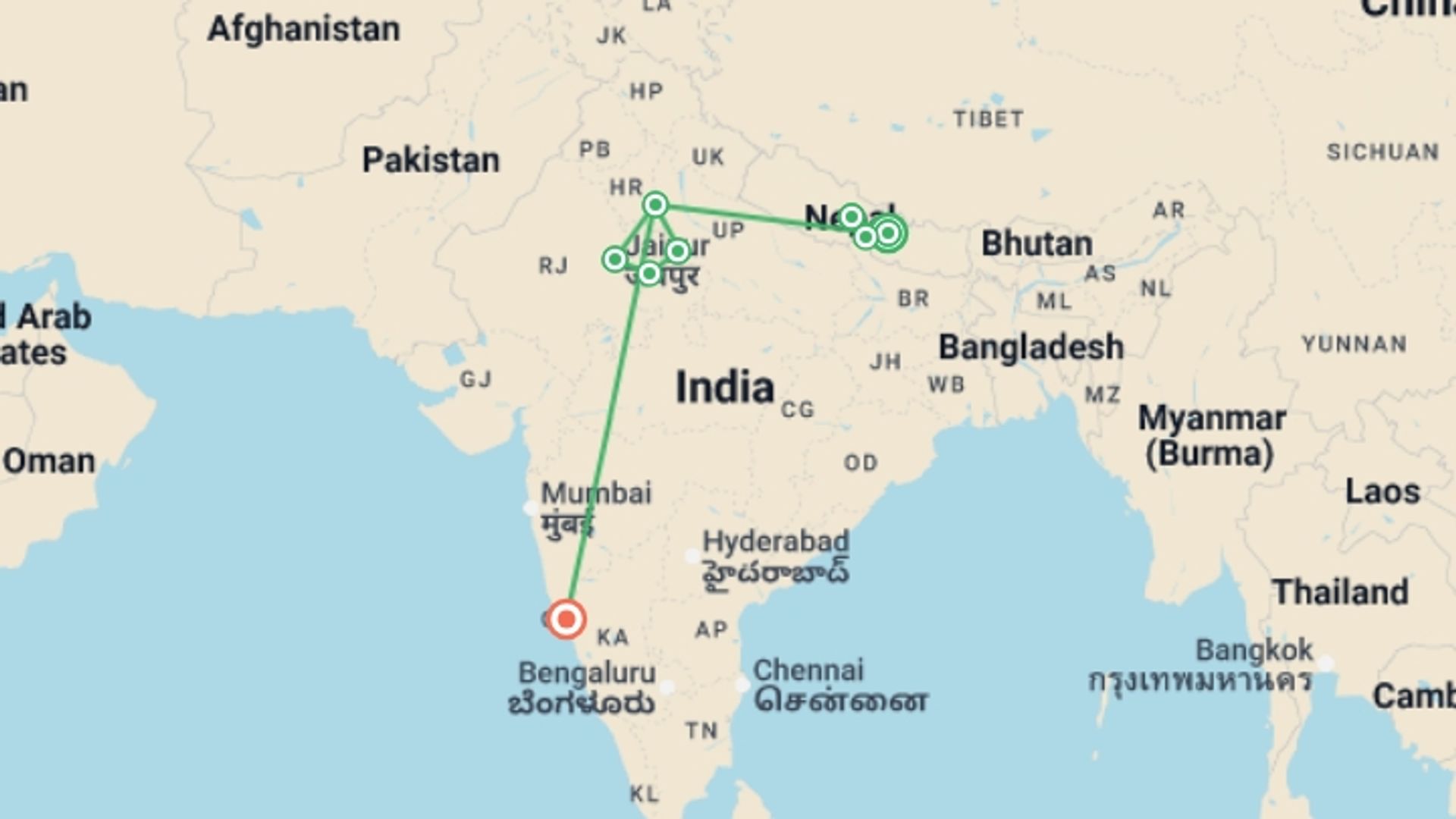 A map showing the tour itinerary for the trip: Nepal to Golden Triangle & Goa - 19 days, starting in Kathmandu, Nepal and ending in Goa, India going through 6 other destinations.