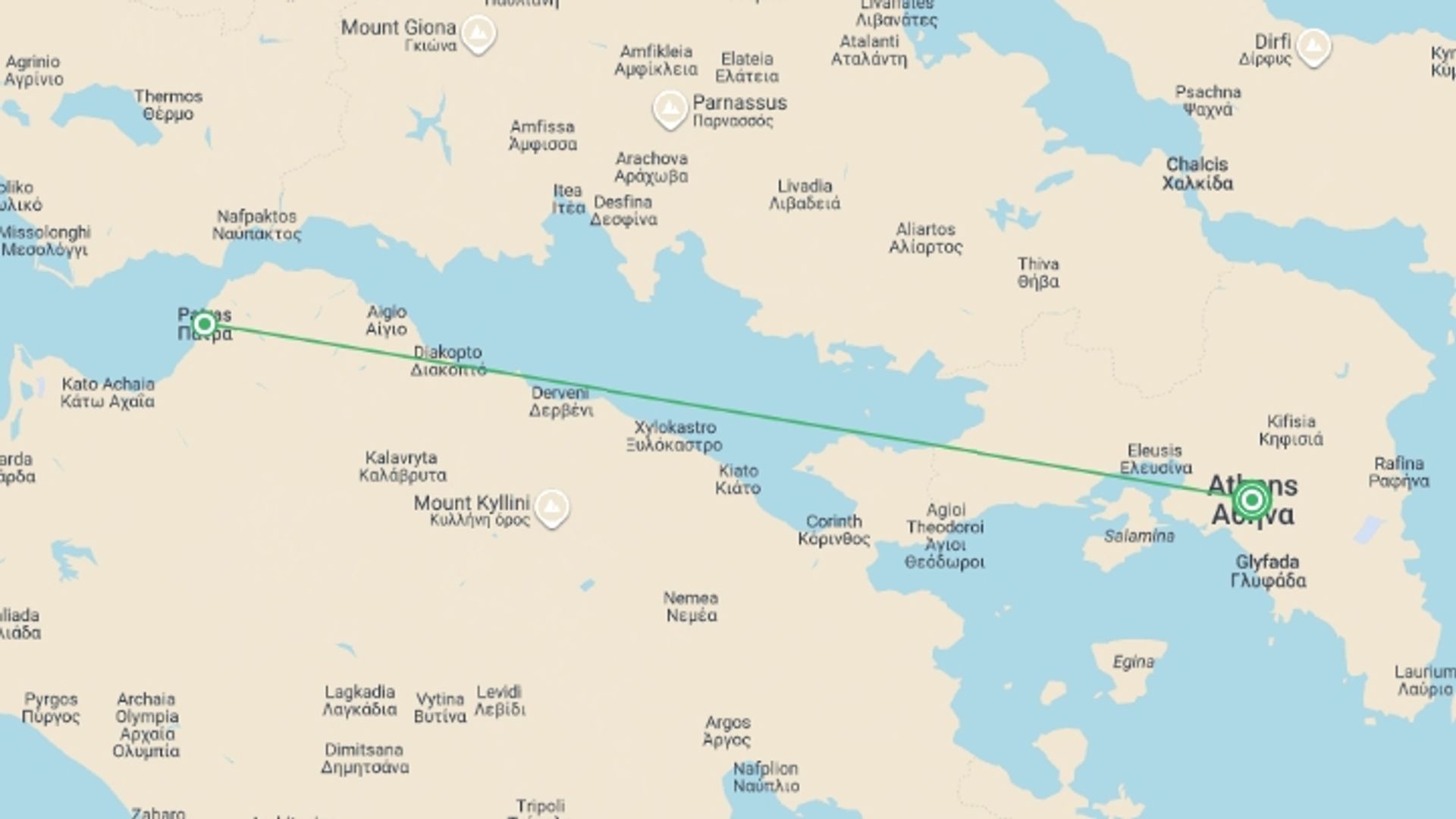 A map showing the tour itinerary for the trip: Radiant Peloponnese, starting in Athens, Greece and ending in Athens, Greece going through 1 other destinations.