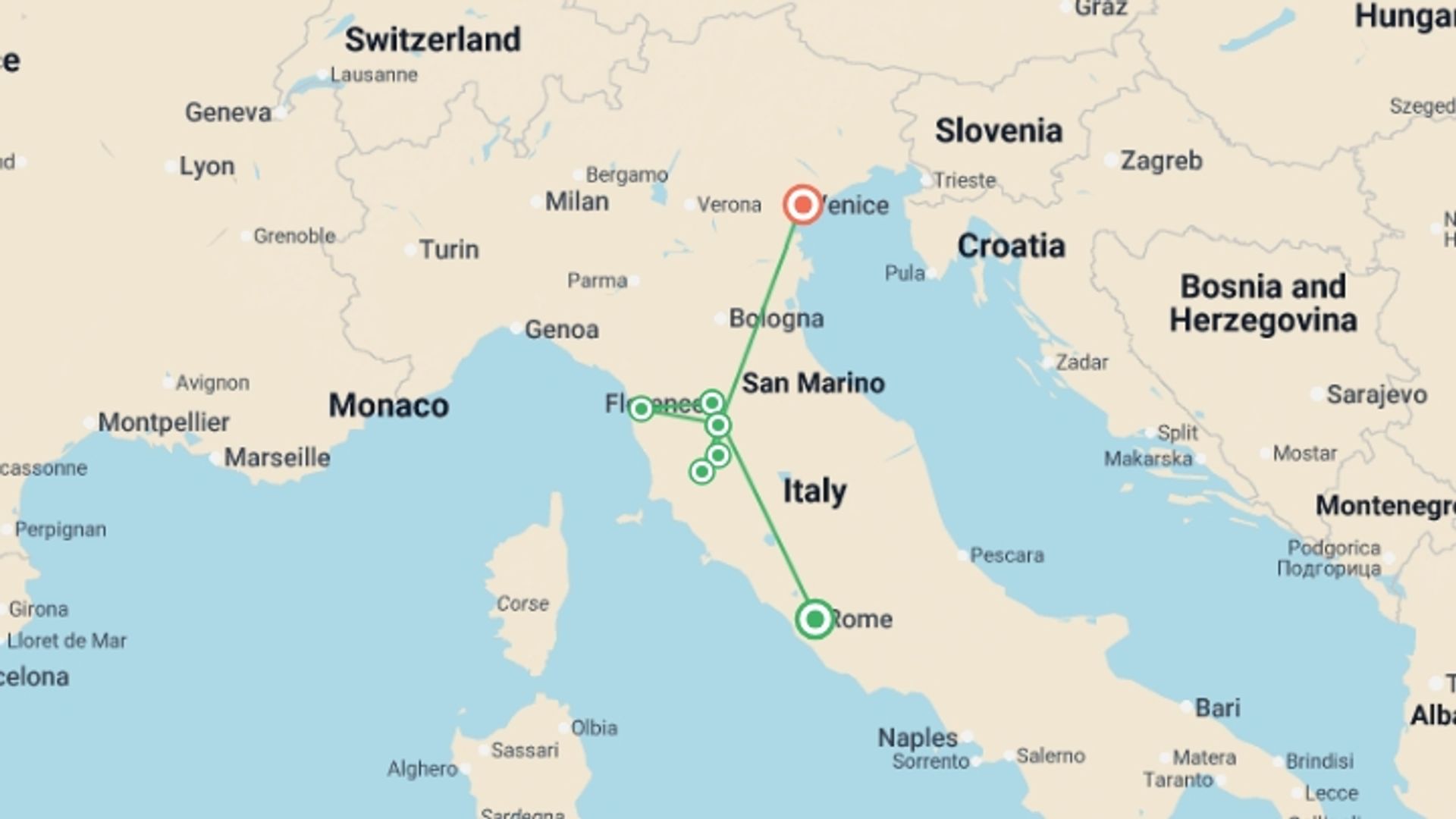 A map showing the tour itinerary for the trip: Flavours of Tuscany, starting in Rome, Italy and ending in Venice, Italy going through 7 other destinations.