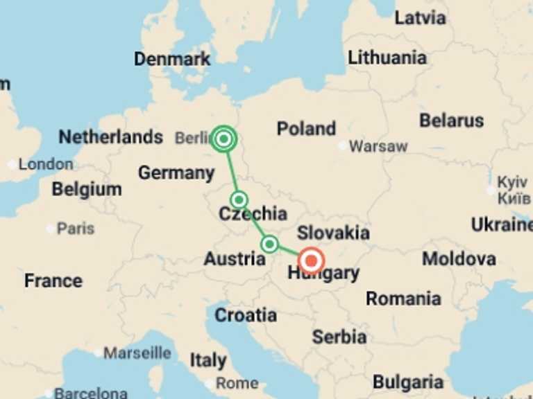 Map of Europe Tour with 4 destination visits for the trip: Sziget Festival Road Trip