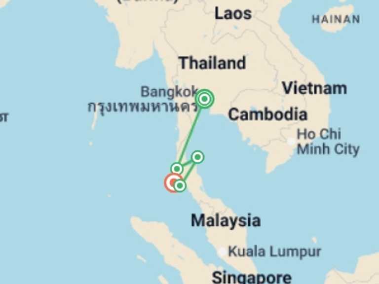 Map of Thailand Explorer Tour with 5 destination visits for the trip: Totally Thailand - 13 days