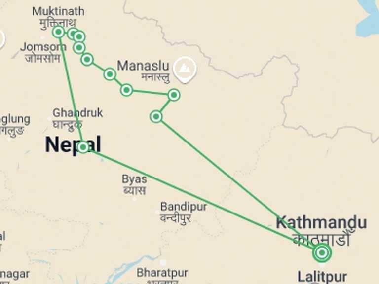 Map of 14-Day Pokhara Tour with 11 destination visits for the trip: Annapurna Circle Trek