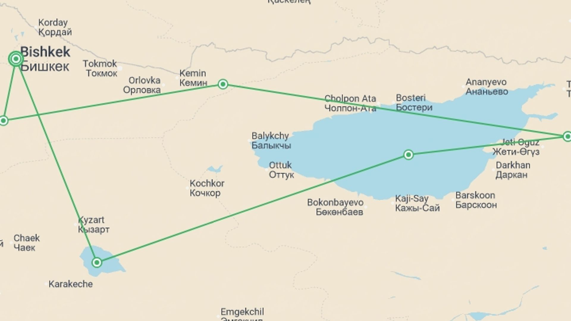 A map showing the tour itinerary for the trip: Kyrgyzstan Walking Explorer, starting in Bishkek, Kyrgyzstan and ending in Bishkek, Kyrgyzstan going through 5 other destinations.