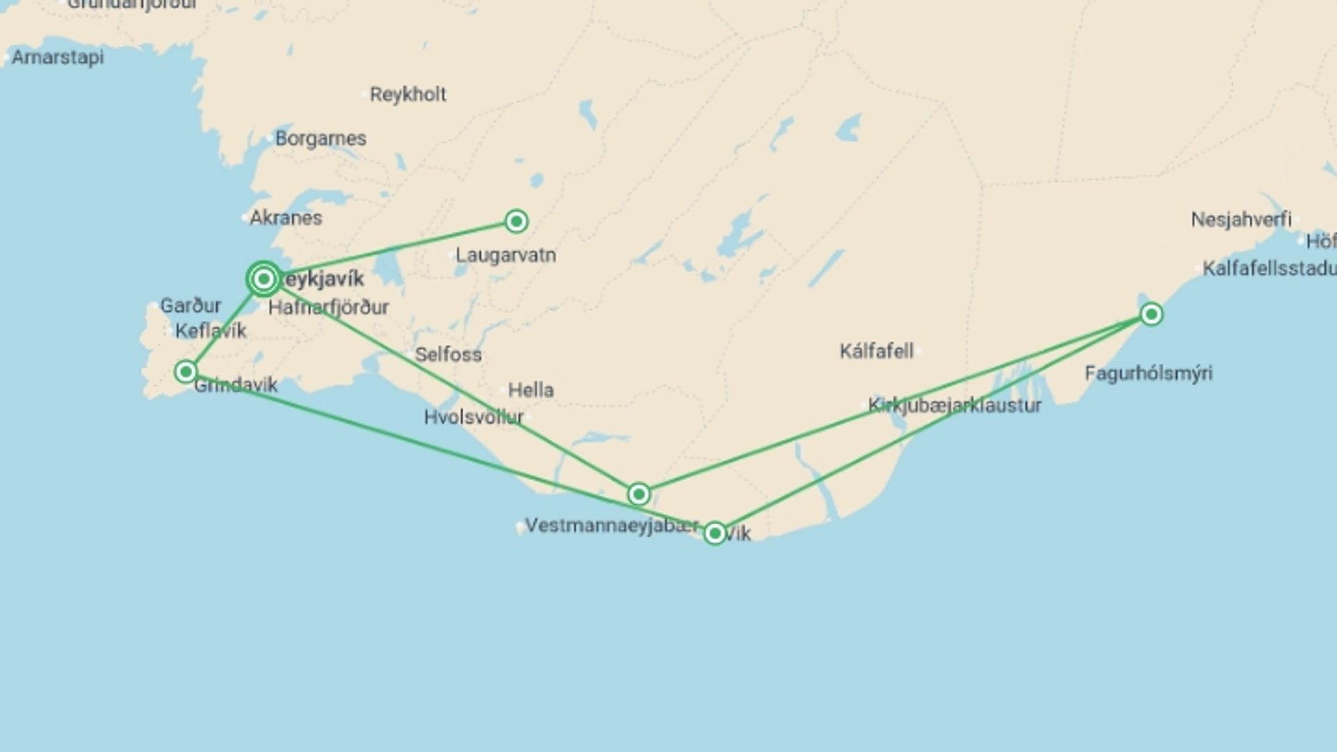 A map showing the tour itinerary for the trip: South Iceland & Reykjavík Solar Eclipse Break - 8 days, starting in Reykjavik, Iceland and ending in Reykjavik, Iceland going through 5 other destinations.