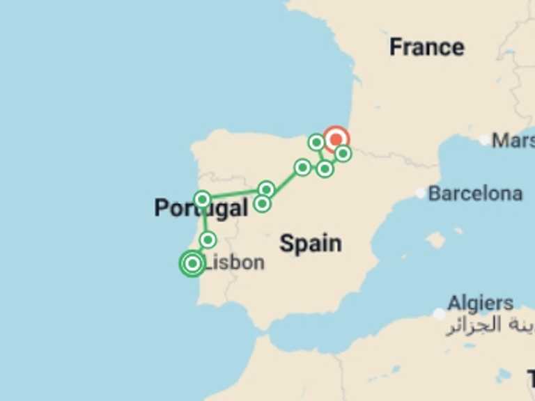 Map itinerary of Lisbon Tour in February 2027 with 4 destination visits for the trip: Flavors of Portugal & Spain featuring the Douro and Rioja Wine Regions