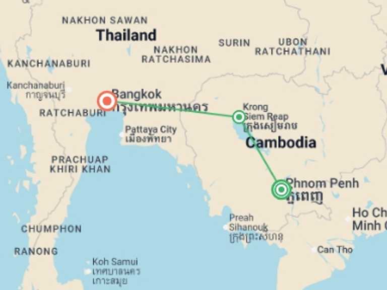 Map itinerary of South East Asia Tour in Winter with 3 destination visits for the trip: Classic Cambodia & Bangkok - 7 days