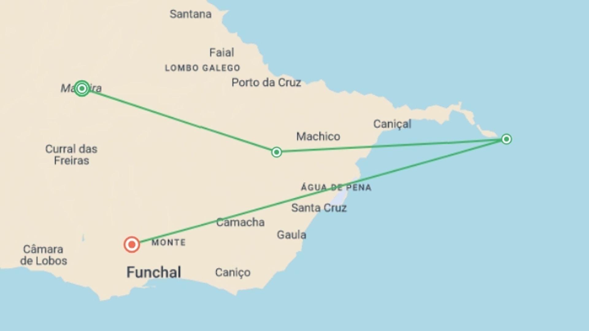 A map showing the tour itinerary for the trip: Marvels of Madeira Walk, starting in Madeira, Portugal and ending in Funchal, Portugal going through 2 other destinations.