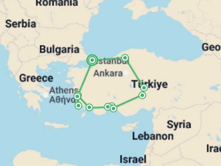 Map itinerary of Turkey Tour in May 2026 with 7 destination visits for the trip: Turkish Panorama
