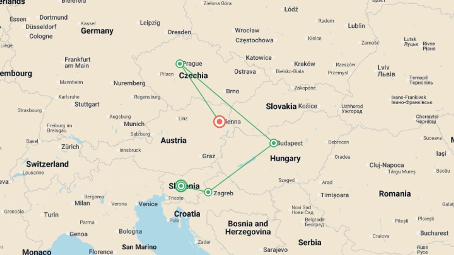 A map showing the tour itinerary for the trip: Imperial Circle: A Small Group Journey Through the Heart of Europe, starting in Ljubljana, Slovenia and ending in Vienna, Austria going through 3 other destinations.