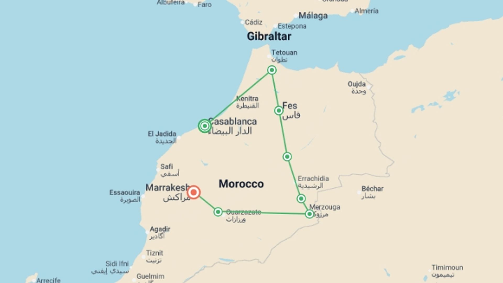 A map showing the tour itinerary for the trip: Morocco: Souks & Spices, starting in Casablanca, Morocco and ending in Marrakech, Morocco going through 5 other destinations.