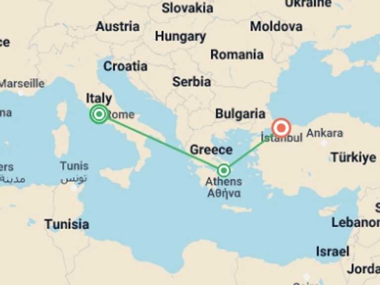 Map of Italy and Turkey Tour with 3 destination visits for the trip: Rome Athens and Istanbul City Package