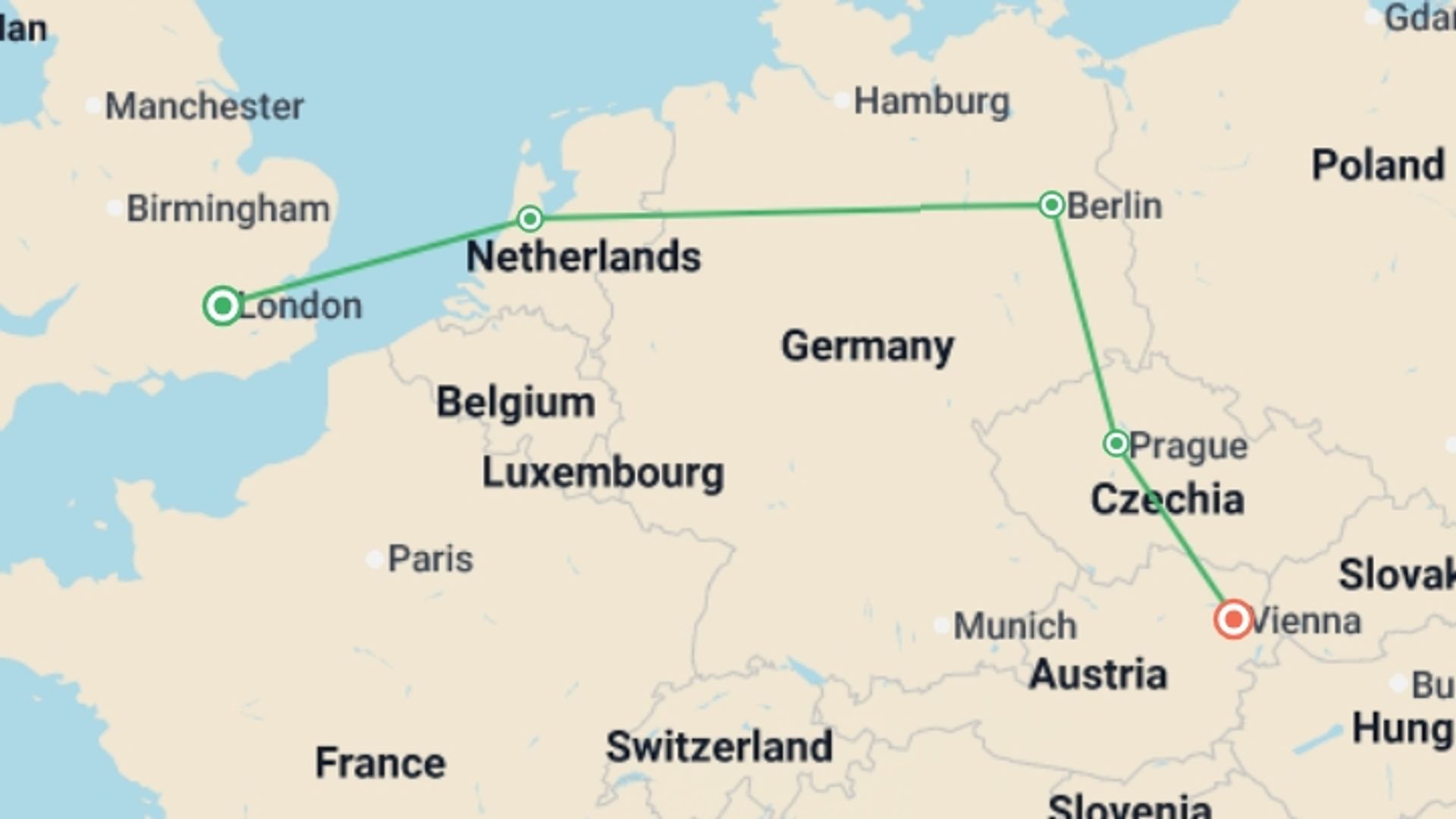 A map showing the tour itinerary for the trip: London to Vienna Trail, starting in London, England and ending in Vienna, Austria going through 3 other destinations.