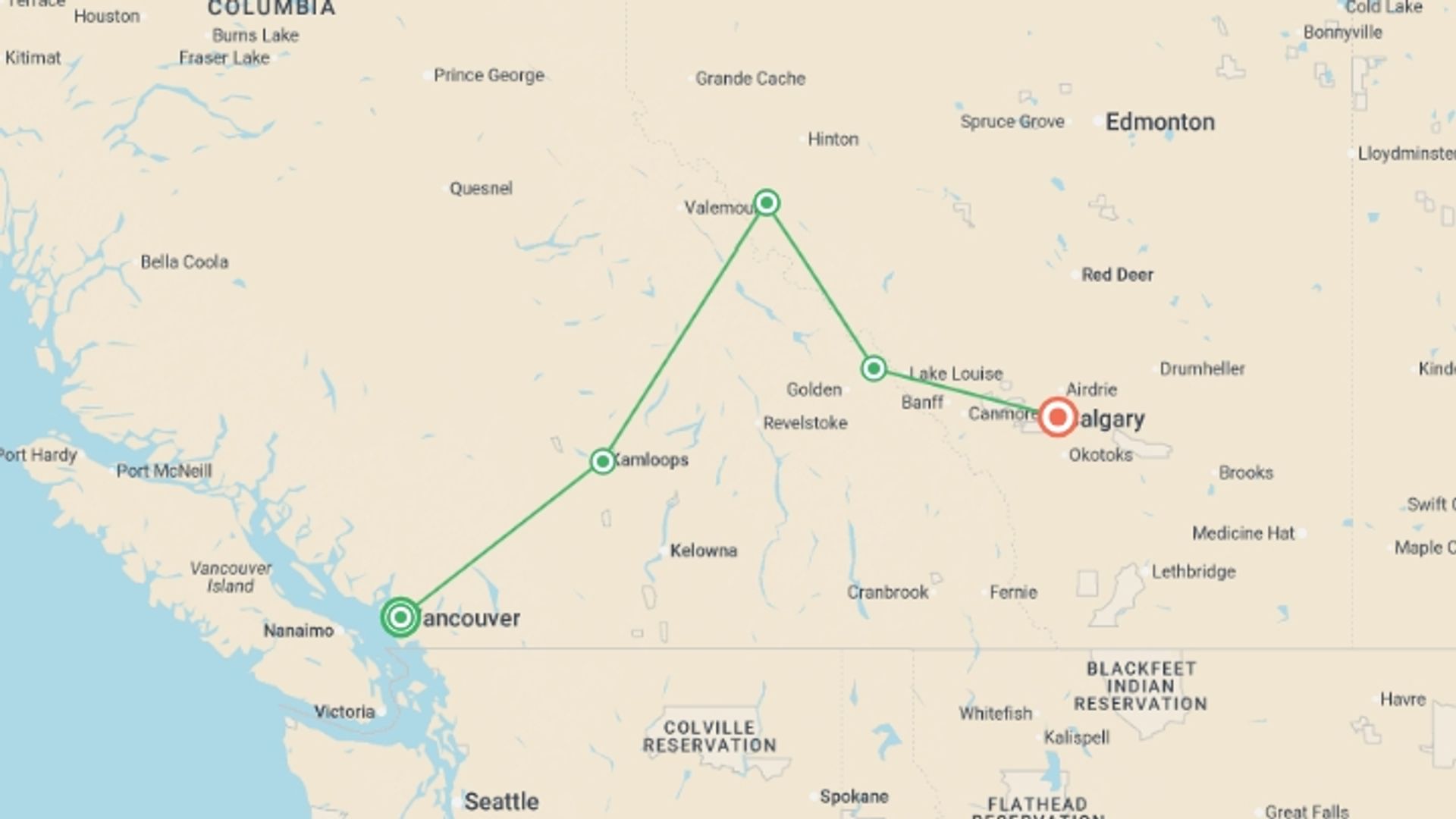 A map showing the tour itinerary for the trip: Canadian Rockies Discovery, starting in Vancouver, Canada and ending in Calgary, Canada going through 3 other destinations.