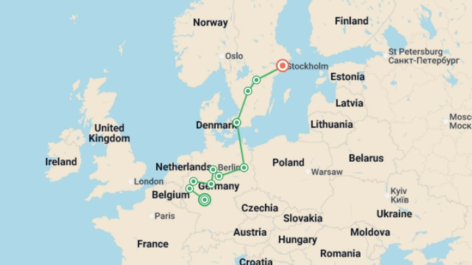 A map showing the tour itinerary for the trip: German Trek End Stockholm, starting in Frankfurt, Germany and ending in Stockholm, Sweden going through 4 other destinations.