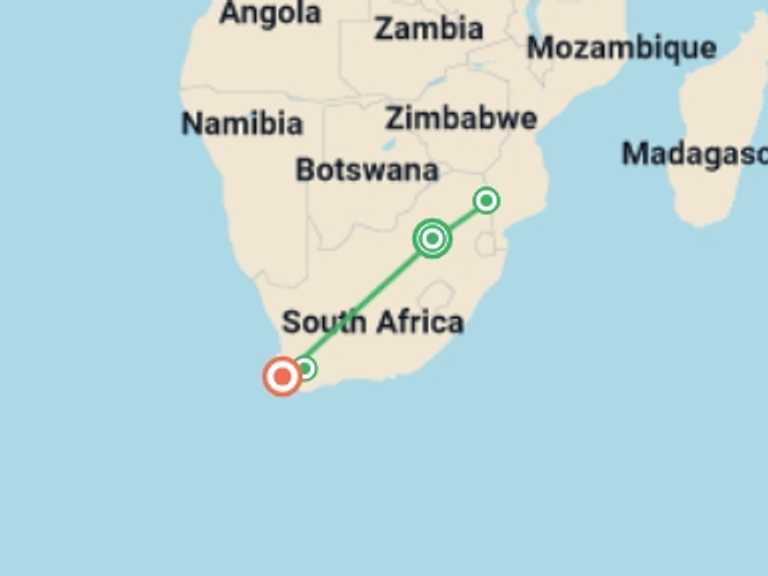 Map of 11-Day Cape Town Tour with 4 destination visits for the trip: Kruger & Cape Town Short Break by Plane