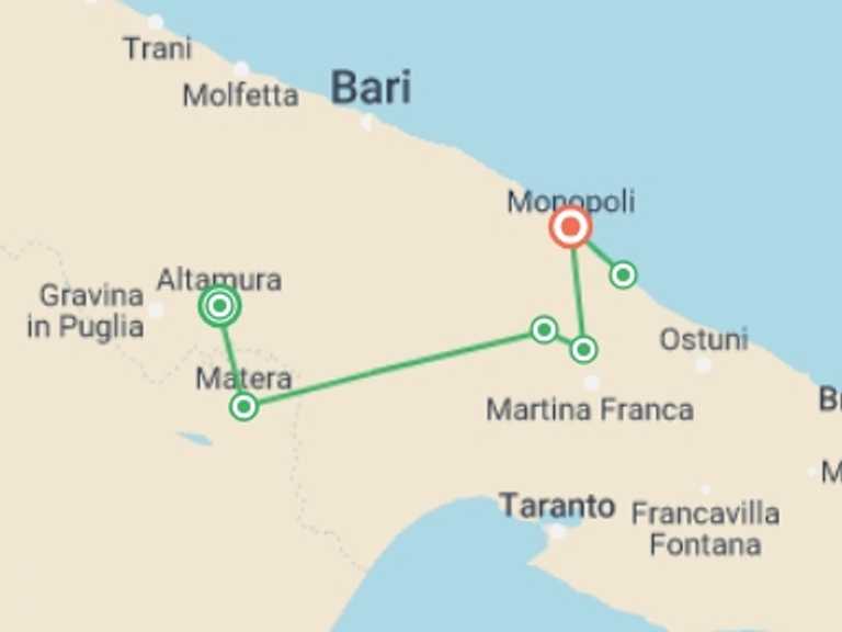 Map of Italy Active and outdoor Tour with 6 destination visits for the trip: Cycle Puglia