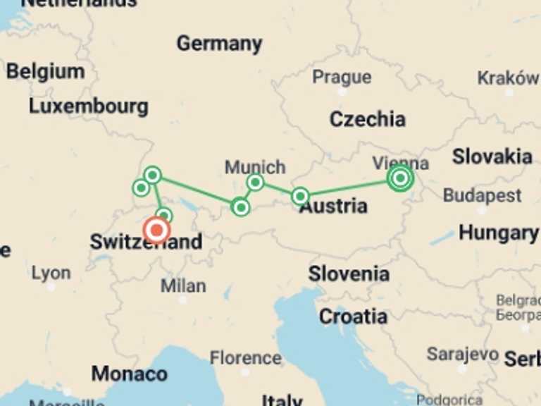 Map itinerary of Vienna Tour in June 2027 with 2 destination visits for the trip: Exploring the Alpine Countries Austria - Germany - Switzerland