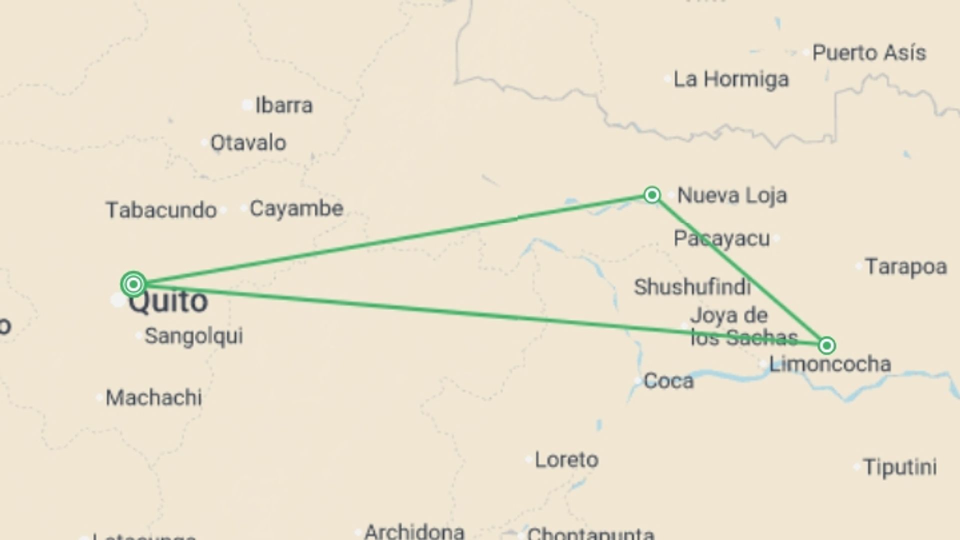 A map showing the tour itinerary for the trip: Cuyabeno Amazon Eco-Lodge Adventure 5D/4N, starting in Quito, Ecuador and ending in Quito, Ecuador going through 2 other destinations.