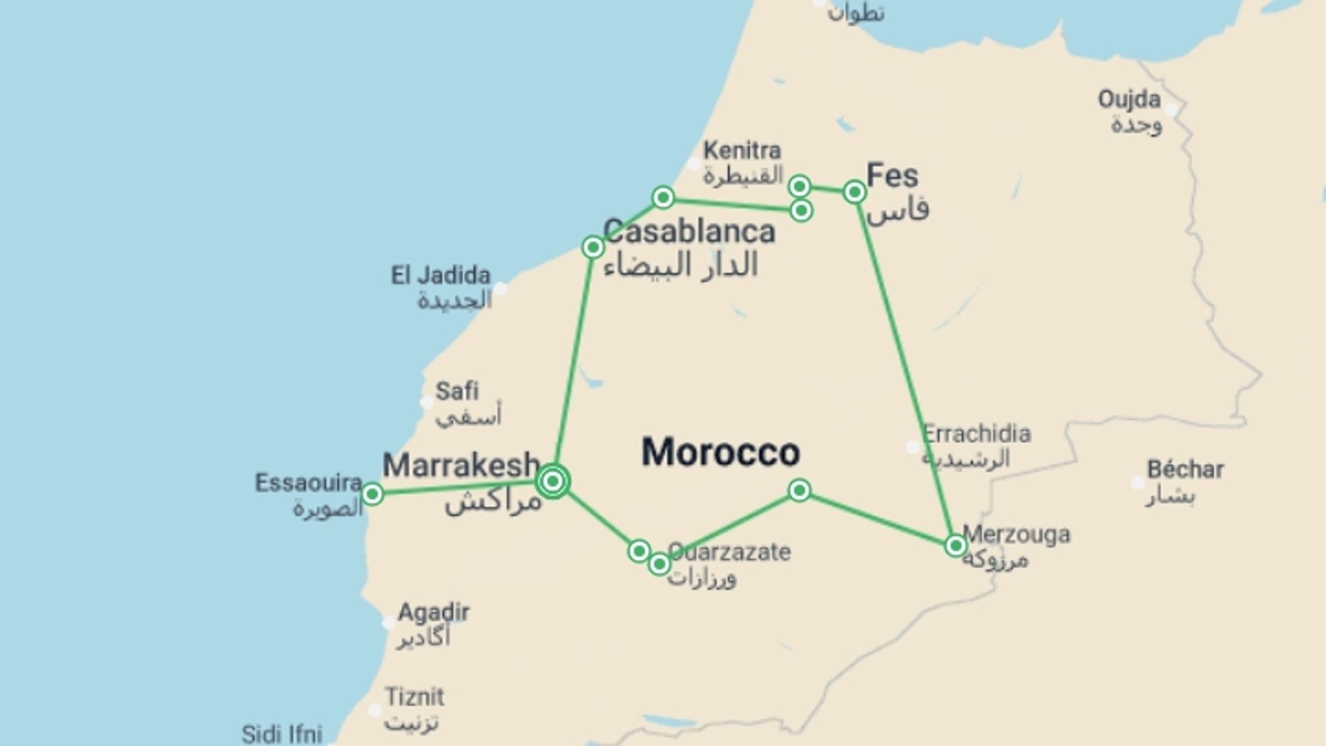 A map showing the tour itinerary for the trip: Best of Morocco - 13 days, starting in Marrakech, Morocco and ending in Marrakech, Morocco going through 6 other destinations.