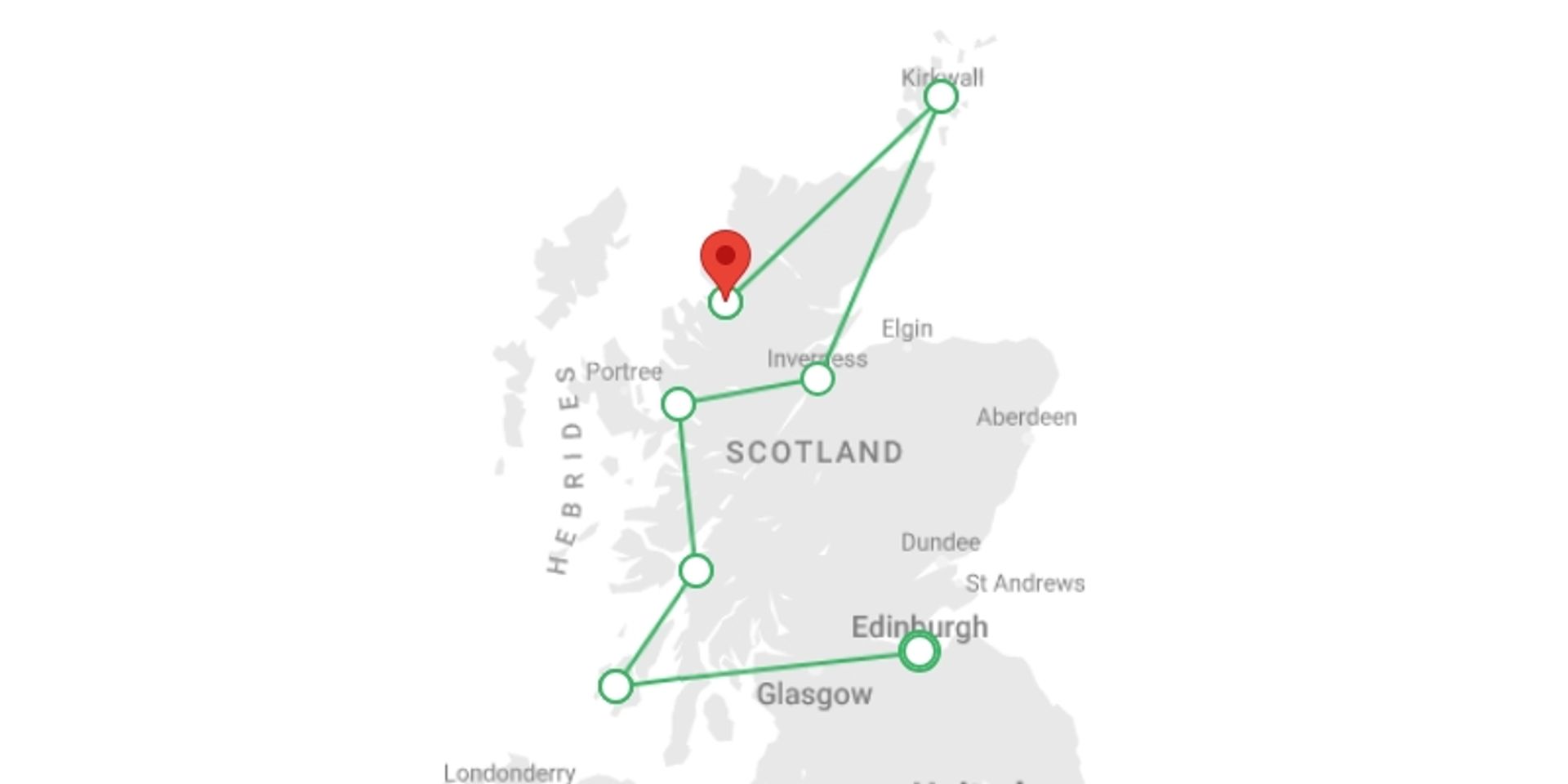 A map showing the tour itinerary for the trip: Highlights and Islands of Scotland, starting in Edinburgh, Scotland and ending in Ullapool, England going through 5 other destinations.